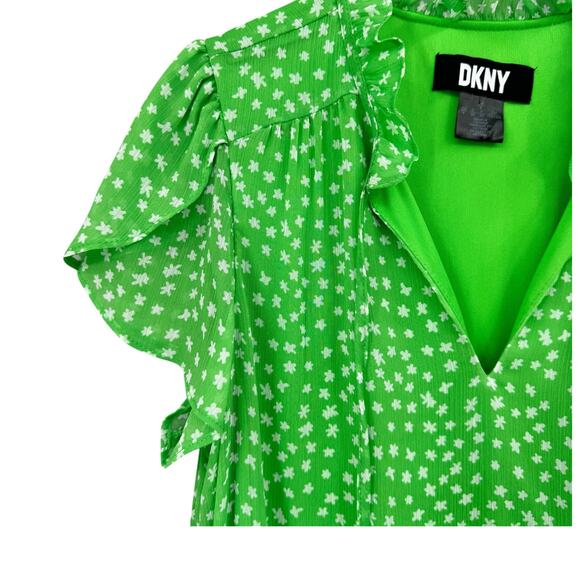 DKNY Green And White Short Flutter Sleeve Flowy Floral Shift Dress - Picture 6 of 11